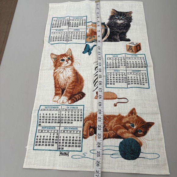 VTG 1979 Kay Dee Calendar Tea Towel Linen Kittens Mice Butterfly Fish Bowl - Picture 7 of 9